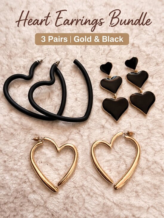 Jewelry - Heart Earrings Bundle (3 Pairs) | Gold & Black | Statement + Minimal